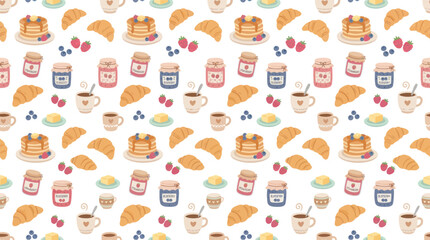 Fototapeta premium Hand-drawn Breakfast Food Seamless Pattern with Cute Flat Vector Illustrations of Pancakes, Croissants, Coffee, and Jam