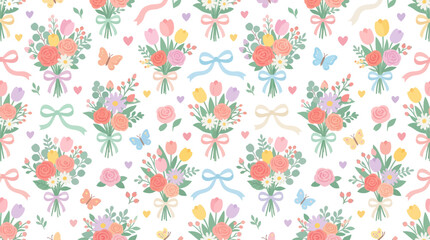 Obraz premium Seamless Pattern of Spring Flower Bouquets, Butterflies, and Ribbons - Vector Art