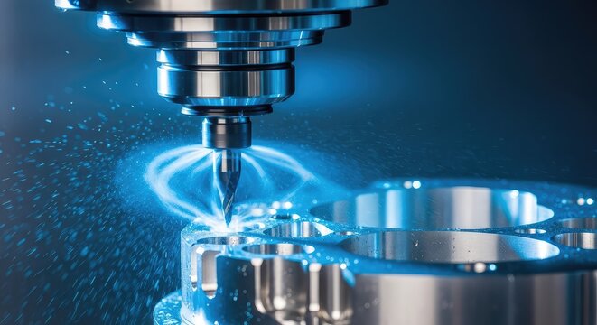 Close-up view of a precision CNC milling machine spindle carving a complex metal part with cooling fluid spray and glowing blue lighting, professional, part, aerospace