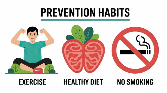 Prevention habits infographic with exercise, healthy diet, and no smoking icons