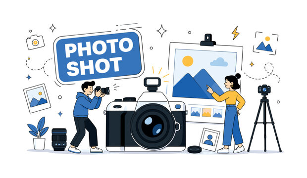 Camera Photo Capture. Clean editorial banner with one main scene about photo camera and visual capture: two geometric characters work beside a large oversized camera and a big photo preview board,