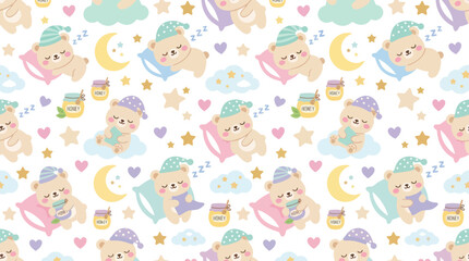 Fototapeta premium Cute Sleeping Bears with Moon and Stars, Whimsical Vector Pattern for Kids