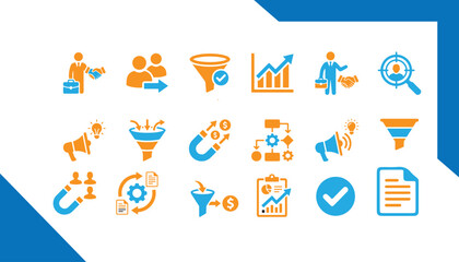 Fototapeta premium Isolated business and marketing icon set with editable design business marketing editable strategy analysis generation conversion magnifying clipboard megaphone handshake collaboration