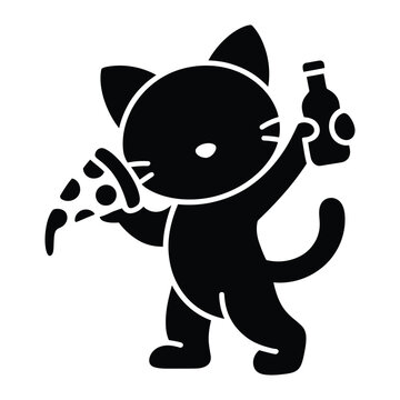 Black silhouette of a cartoon cat holding a slice of pepperoni pizza and a glass bottle