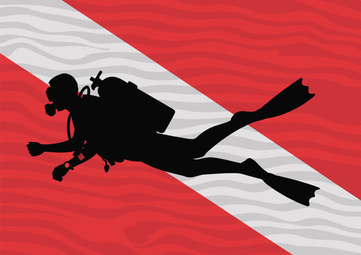 Black silhouette of a scuba diver swimming against a red and white diagonal diver down flag background with wavy texture patterns