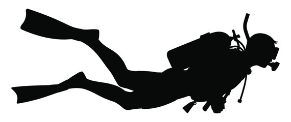 Black silhouette of a scuba diver swimming horizontally wearing a mask fins and an oxygen tank on their back isolated on a white background © Jibit