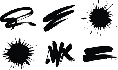 Fototapeta premium Black ink brush strokes, grunge splatters, abstract artistic elements, vector graphics