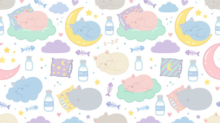 Naklejka premium Cute Seamless Pattern of Sleeping Cats, Moon, Stars, Clouds, Milk Bottles, Pillows, Fish Bones, Vector Art