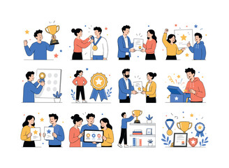Fototapeta premium Awards Trophy Set. Trophy cup, medal, winner prize, awards, achievement, recognition, certificate, badge, celebration, and success milestone. 12 minimalist editorial vector scenes: a winner holds a