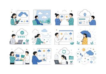 Fototapeta premium Cloud Weather Set. Cloud icons, weather symbols, sky forecast, soft atmosphere, cloud storage metaphor, rain signs, wind, sun marks, and digital cloud service. 12 minimalist editorial vector scenes: a