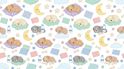 Fototapeta premium Cute Sleeping Puppies Seamless Pattern Flat Vector Illustration for Children's Nursery and Pet Themes