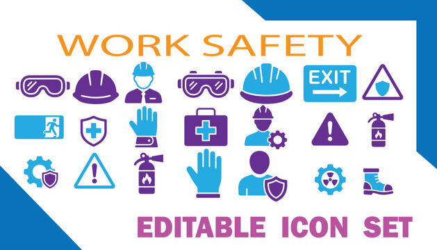 Isolated work safety icons set editable vector illustration hard hat first aid fire extinguisher editable illustration protection triangle equipment machinery industry construction