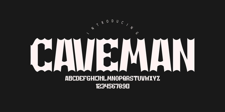 Caveman: A retro bat display. Bold monster font for spooky Halloween posters, cartoon gaming logos, and creepy apparel.