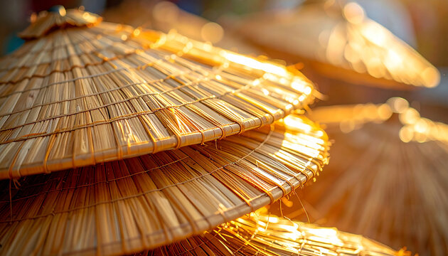 Handmade straw parasol umbrella stacked in dynamic radial composition, rustic outdoor decor, warm sunlight, natural material, traditional craft, summer ambiance, inviting and cozy
