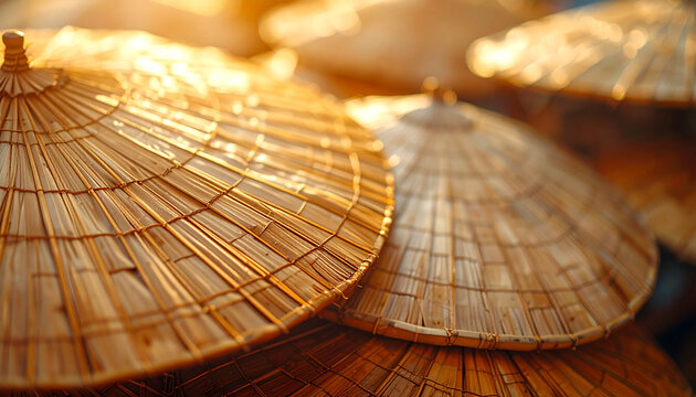 Rustic handmade straw parasol umbrella arranged in dynamic radial pattern, warm sunlight highlights natural texture, outdoor setting, traditional craftsmanship, serene atmosphere