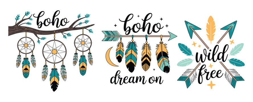Wild and Free Boho Collection: Boho style set featuring dreamcatchers hanging from a tree branch, feathered arrows, and crossed arrows with wild and free lettering in teal and yellow tones.