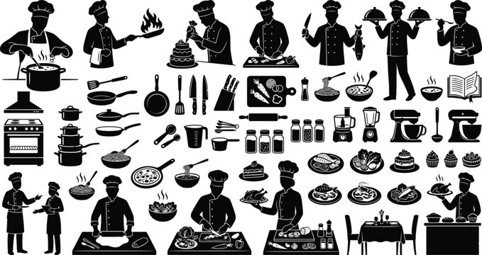 Chef silhouette icon set with kitchen tools and food vector