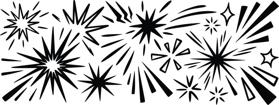 Retro starburst and sparkle elements set with hand drawn fireworks and sunburst shapes vector illustration.