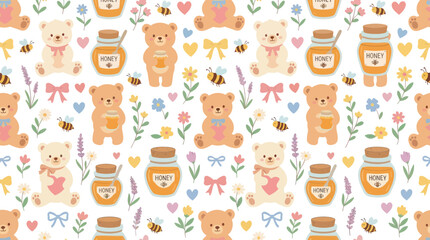 Fototapeta premium Adorable Kids and Baby Flat Vector Seamless Pattern with Teddy Bears, Honey, Bees, and Flowers