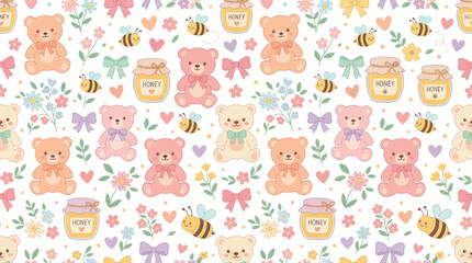 Fototapeta premium Children's Flat Cartoon Seamless Pattern with Cute Pastel Teddy Bears, Honey Bees Flowers