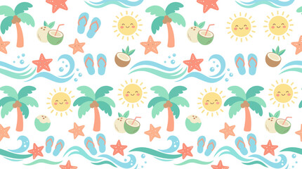 Naklejka premium Cute Summer Beach Pattern: Palm Trees, Sun, Coconuts, Flip-flops - Flat Vector