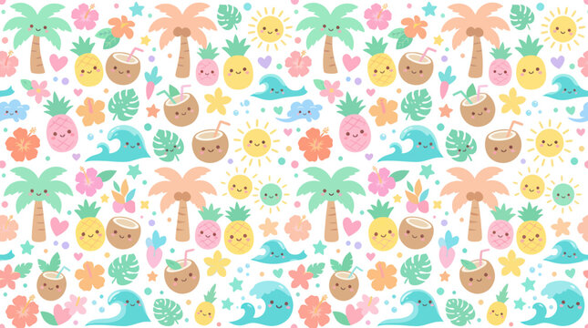 Cute Tropical Summer Pattern with Pineapples, Coconuts, Palms, and Sun Flat Vector Art