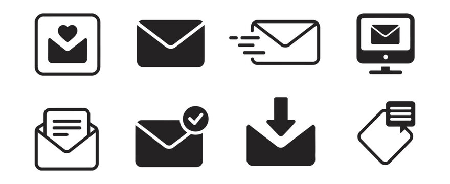 Minimal Envelope Icon Set, Mail Letter Outgoing Incoming Symbols With Heart Check Download Celebration Concepts, Modern Vector Illustration AI EPS JPEG PNG For Communication Design.
