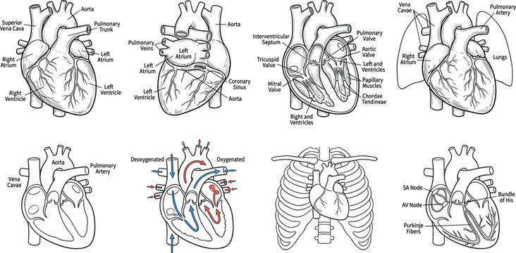 Human Heart Anatomy Illustration Set with Cardiovascular System Diagrams, Medical Labels, Blood Circulation, and Healthcare Vector Illustrations