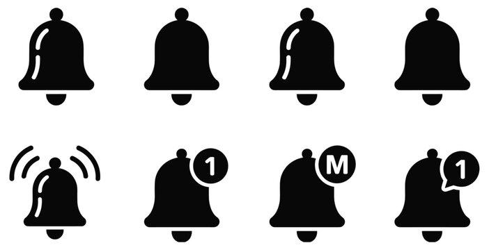 Bell Alert Notification Set: Eight black bell notification icons featuring ringing motion lines, circular badges, numbers, and message indicators. app notification, alert icon, reminder symbol.