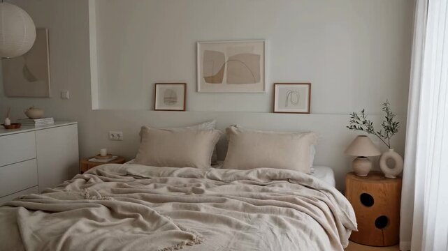 Minimalist Bedroom Interior Design with Earth Tone Bedding and Modern Decor, Emphasizing Comfort