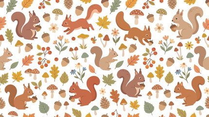 Fototapeta premium Cute Autumn Squirrels and Mushrooms Seamless Pattern - Flat Vector Illustration