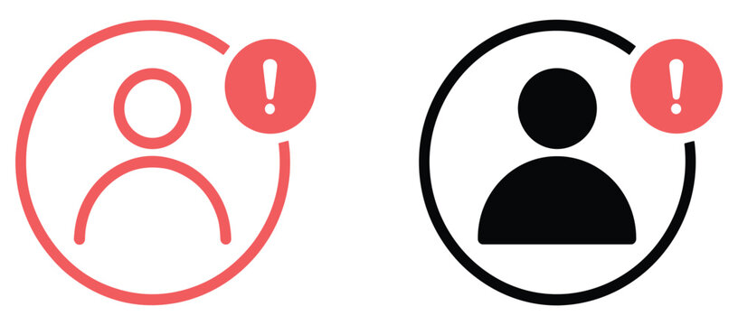 User Notification Profile Icons: Two user profile illustrations with exclamation mark notification badges in coral red, outline, and solid fill styles. alert symbol, account notification.