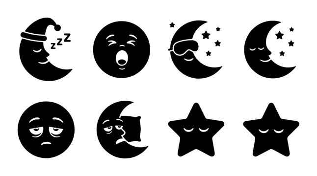 Sleepy Moon and Star Icons, Nocturnal Celestial Faces, Dreaming Night Elements, Zzz Emotion Symbols