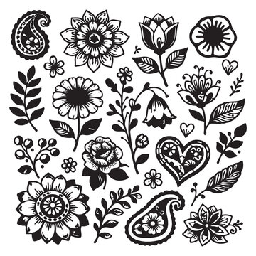 Set of black and white hand drawn floral botanical elements and paisley shapes for creative design projects