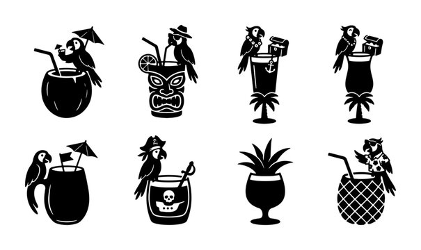 Tropical Cocktail Icons, Parrot Drink Illustrations, Pirate Beverage Symbols, Tiki Glass Set. Vector Graphics for Summer Party and Vacation.