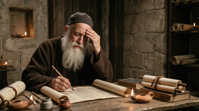 Ancient biblical scribe writing on a parchment scroll. Elderly scholar with a long white beard studying in a stone room lit by oil lamps. Historical religious concept