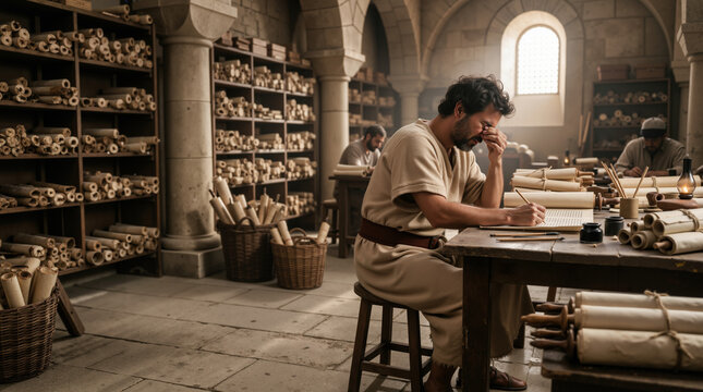 Tired ancient scribe writing on a parchment scroll in a stone scriptorium. Biblical religion concept featuring a man in a tunic working at a wooden desk inside a historical library archive
