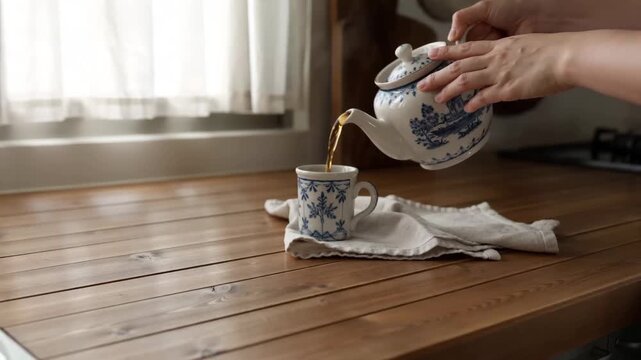 Gentle Hands Pouring Warm Tea from a Beautifully Patterned Teapot into a Matching Cup on a Rustic