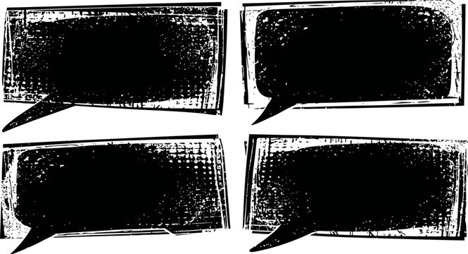 Set of four black blank grunge speech bubbles with textured distressed halftone background