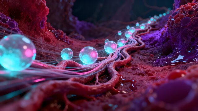 Abstract cellular pathway with glowing spheres