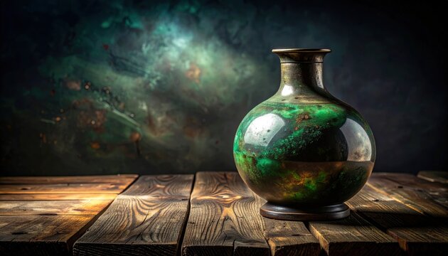 An ancient metallic retort with a glowing greenish patina resting on a rustic wooden table, illuminated by a subtle light in a mysterious, ethereal setting.