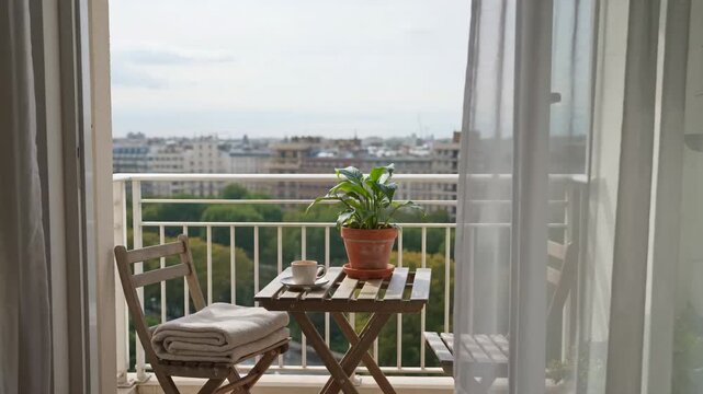 Inviting Balcony View with Coffee and Plant Overlooking a Serene Cityscape: Perfect Home Setting