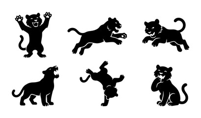Black Panther Silhouette Set, Wild Cat Poses, Dynamic Feline Vector Graphics, Big Cat Actions, Stylized Animal Illustrations © Taslima