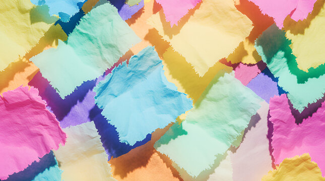    Colorful translucent paper pieces arranged as overlapping squares with uneven edges, abstract background, pink, blue, yellow, purple, green shades, bright dynamic composition.