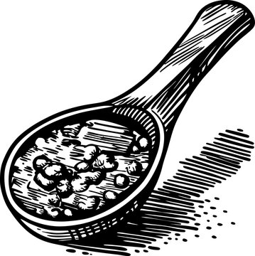 Wooden spoon with assorted spices and herbs, hand drawn vintage kitchen ingredient illustration