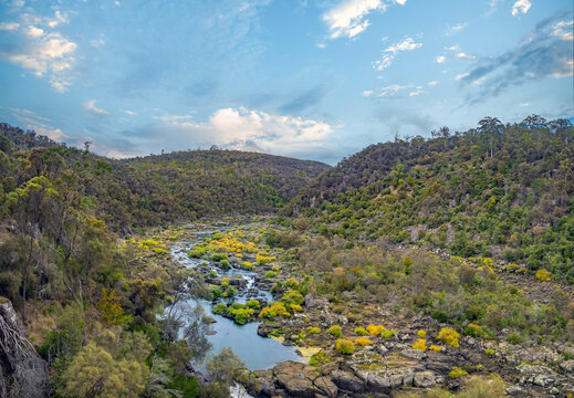 Panoramic view of the South Esk river valley downstresm from Duck Reach, Cataract Gorge Reserve, Launceston, northern Tasmania, Australia