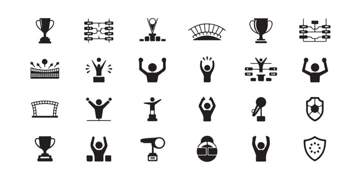 Collection of Sports Competition and Tournament Icons Including Trophies Stadiums and Brackets
