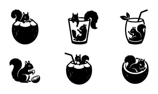 Whimsical Squirrel Icons, Cute Animal Illustrations, Tropical Drinks, Coconut Cocktails, Vector Graphics Set