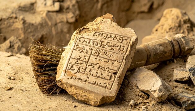 Fragmented ancient Mesopotamian clay tablet bearing deeply incised cuneiform script rests in excavation site