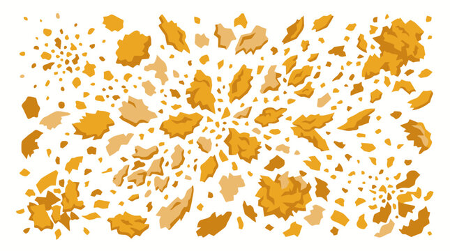 Golden cereal flakes and crunchy crumbs exploding in a dynamic scatter pattern on a white background